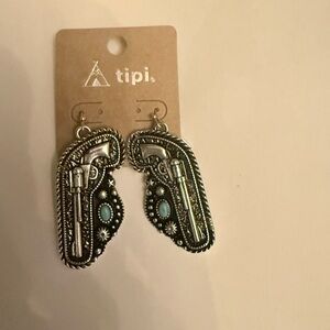 tipi Silver Western Gun and Turquoise Drop Earrings